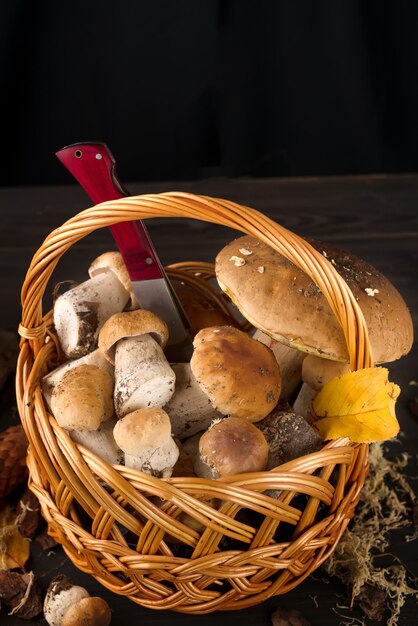 Grote en kleine bospaddestoelen in houten mand op een donkere achtergrond vegetarisch voedsel