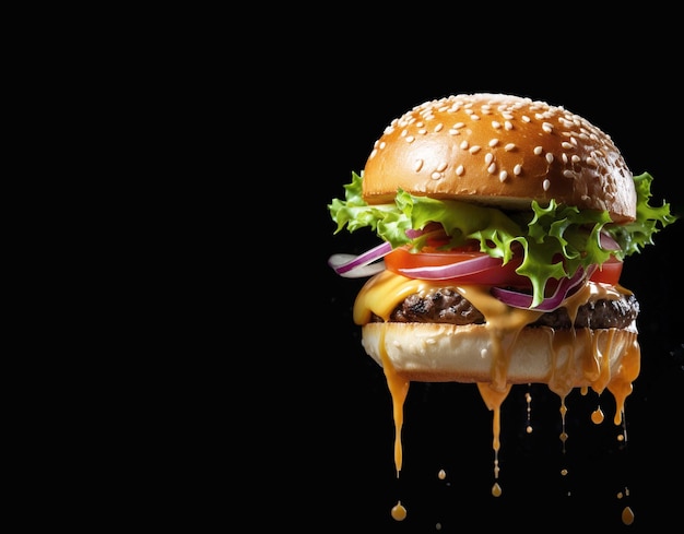 Grote en smakelijke Kaasburger op zwarte achtergrond met kopieerruimte voor uw tekst Voedselposter Generatieve ai