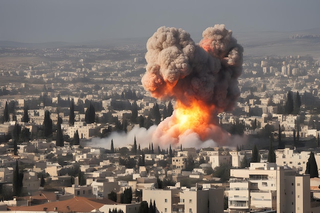 Foto grote explosie op de achtergrond van de stad in israël
