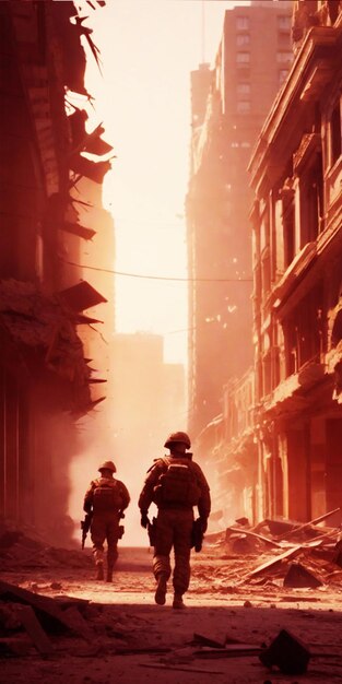 grote explosiestraat van stadsgebouwen in ruïnes soldaten die door de straat lopen