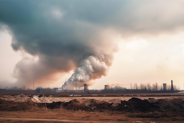 Grote fabriek met enorme wolken vuile rook generatieve ai