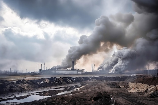 Grote fabriek met enorme wolken vuile rook generatieve ai