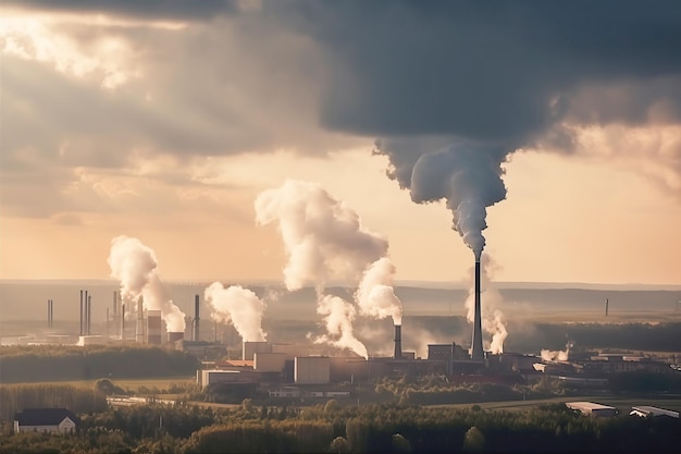 Grote fabriek met enorme wolken vuile rook generatieve ai