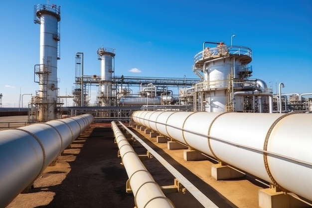 Grote fabriek op een zomerdag bij zonsondergang Pijpen van een gascentrale industrieel landschap