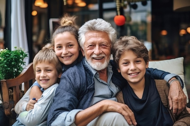 Grote familie samen Familiefoto van vrolijke kinderen en oude mensen Kinderen en kleinkinderen bezoeken bejaarde ouders Familietradities en waarden Vriendelijke familie Zorg voor ouderen