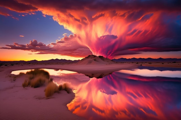 Grote felroze zonsondergangwolk over zandduinen van woestijnmeer in de woestijn