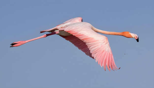 Grote flamingo phoenicopterus roseus vliegt in de lucht in de Camargue Frankrijk