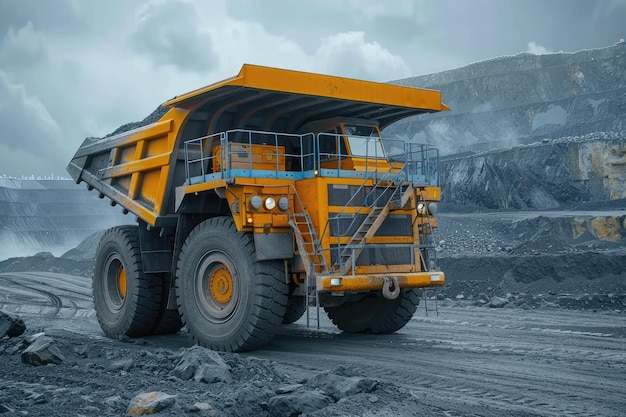 Grote gele mijnwagen die kolen laadt op de werkplaats Transport van mineralen uit open mijnproductie