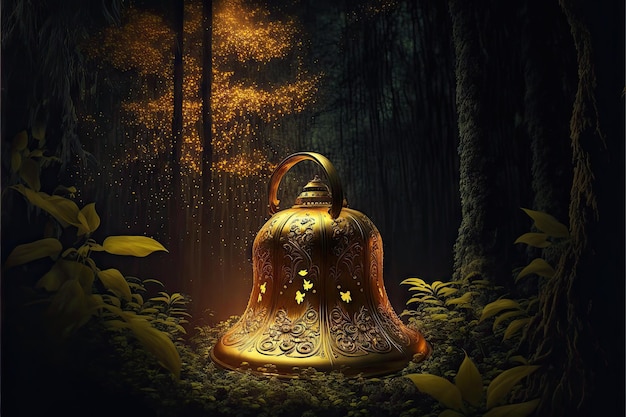 Grote gloeiende gesneden gouden bel in donker mystiek bos gemaakt met generatieve AI