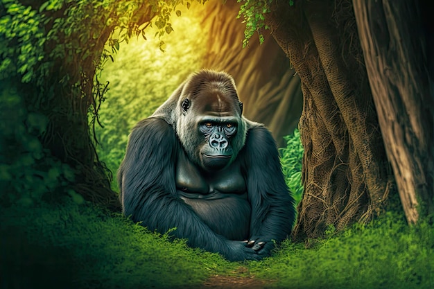 Grote gorilla zit onder de boom tussen groen gras