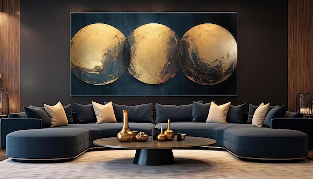 grote gouden en zwarte moderne kunstschilderijen in een elegante woonkamer