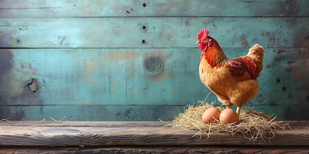 Grote gouden kip en twee eieren in een stuk stro op een houten achtergrond