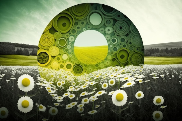 Grote groene cirkels met geel midden in bloemenweide in het voorjaar gemaakt met generatieve ai