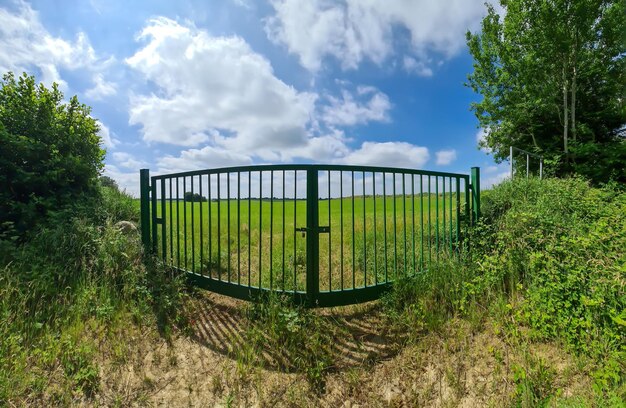 Grote groene metalen poort naar een veld.