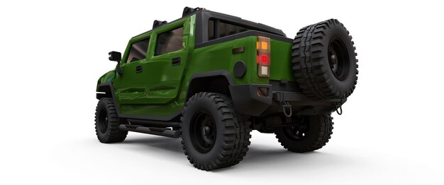 Grote groene off-road pick-up voor platteland of expedities op witte geïsoleerde achtergrond. 3D illustratie.