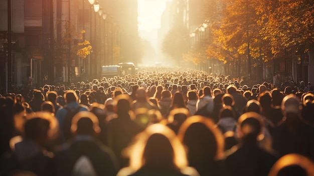 grote groep individuen die samen in een drukke straat lopen om te werken