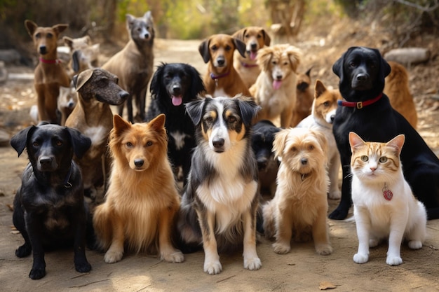 Foto grote groep katten en honden kijken naar de camera op gouden bac