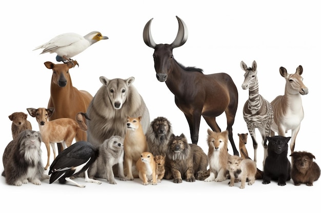 Foto grote groep van alle dieren samen op witte achtergrond