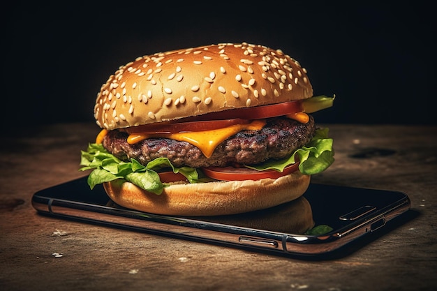 Grote hamburger en smartphone fastfood online leveringsconcept Generatieve Ai