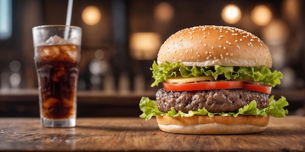 Grote hamburger met warme gegrilde patty met gesmolten kaas bovenop tomaten uien saus en gebakken chips