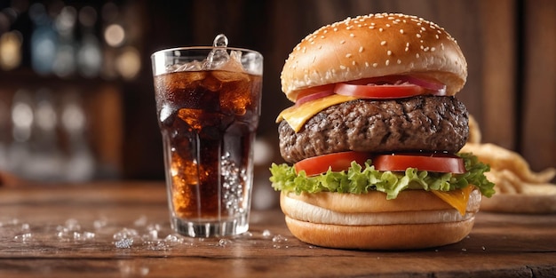 Grote hamburger met warme gegrilde patty met gesmolten kaas bovenop tomaten uien saus en gebakken chips