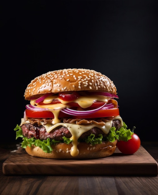 grote hamburger op de houten tafel op zwarte achtergrond