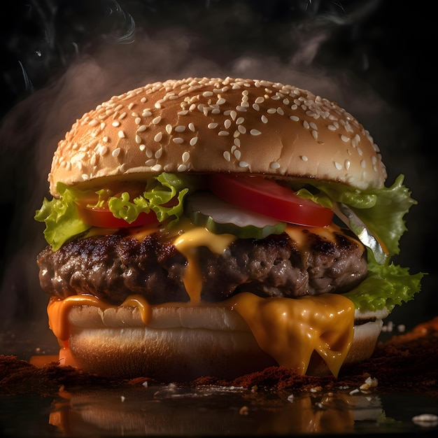Grote hamburger op een houten bord met rook op een zwarte achtergrond
