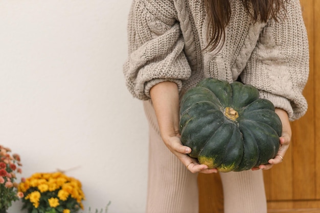 Grote herfst pompoen in handen close-up voor huis ingang decor Vrouw in gebreide trui versieren boerderij voordeur met pompoenen Herfst arrangement