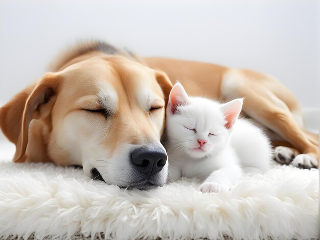 Foto grote hond en klein kitten slapen samen op een wit tapijt.