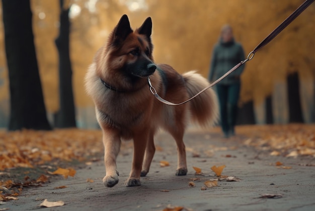 Grote hond loopt aangelijnd in het herfstpark op bewolkte dag