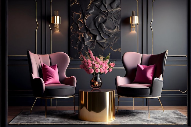 Grote hoofdwoonkamer in donkere zwartgrijze kleuren Roze roze set stoelen en gouden tafel Achtergrond blinde muur blanco voor behang of schilderijen Luxe lounge of receptie Generatieve AI