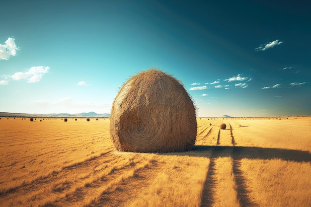 Grote hooiberg droog gras op boerderijveld bij zonnig weer