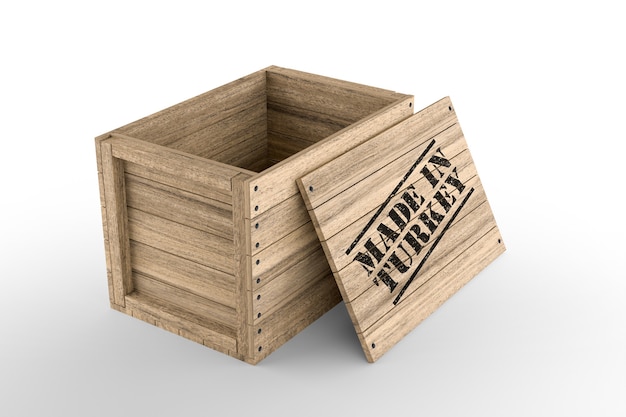Grote houten kist met Made in Turkey tekst op witte achtergrond. 3D-rendering