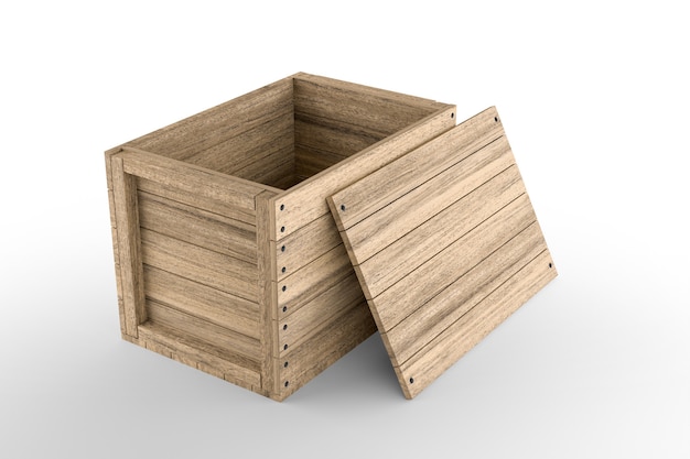 Grote houten kist op witte achtergrond. 3D-rendering