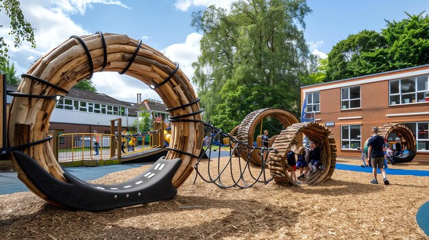 Grote houten klimconstructie op een schoolplein met kinderen die erop spelen