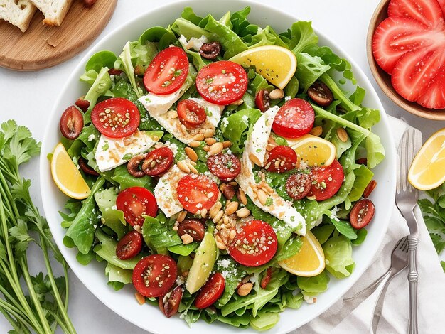 Foto grote houten schaal met kip salade op tafel