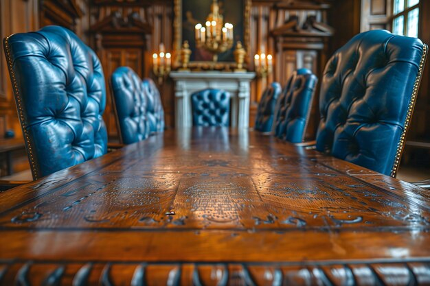 Foto grote houten tafel met blauwe stoelen