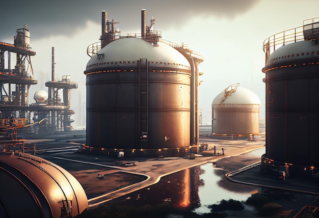 Grote industriële olietanks in een industriële fabriek op een raffinaderijbasis