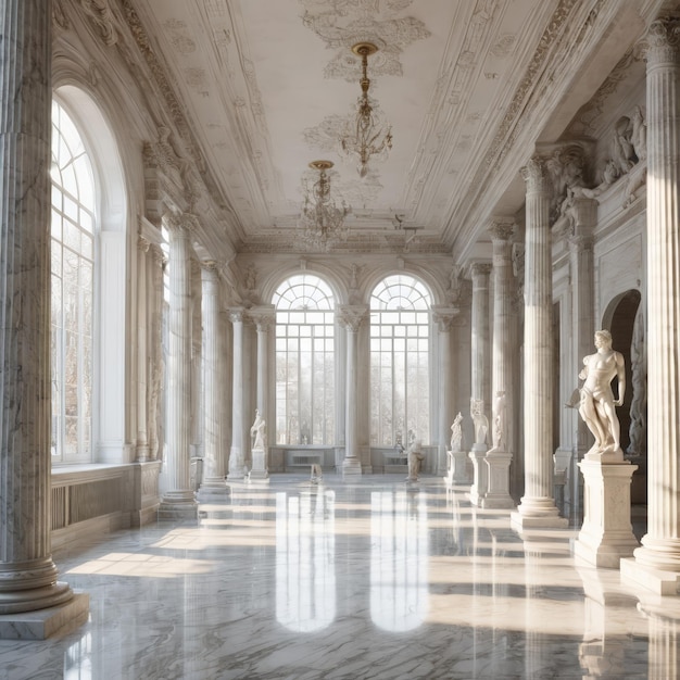 Grote kamer met zuilen en kroonluchter