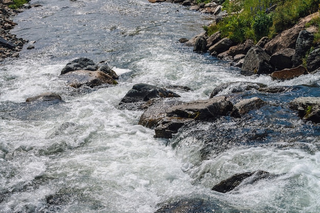 Grote keien in het close-up van de bergkreek. Stroomversnellingen van snelle rivier met exemplaarruimte. Opgeschuimde waterstroom. Snelle stroming in de buurt van natte stenen. Achtergrond van schoon water golven. Natuurlijke textuur van glanzende stroom van kreek