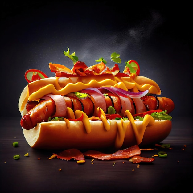 Grote kleurrijke smakelijke hotdog met ketchup en mosterd ontwerpconcept gemaakt met Generative AI