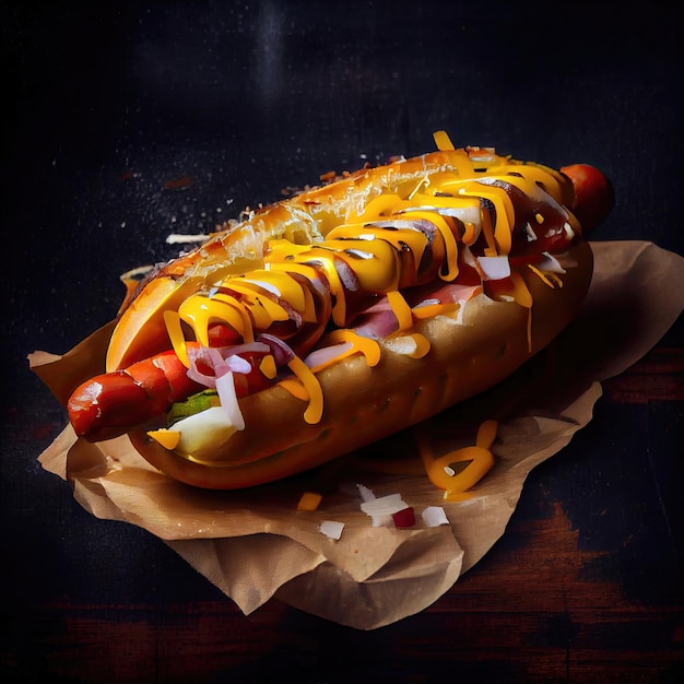 Grote kleurrijke smakelijke hotdog met ketchup en mosterd ontwerpconcept gemaakt met Generative AI