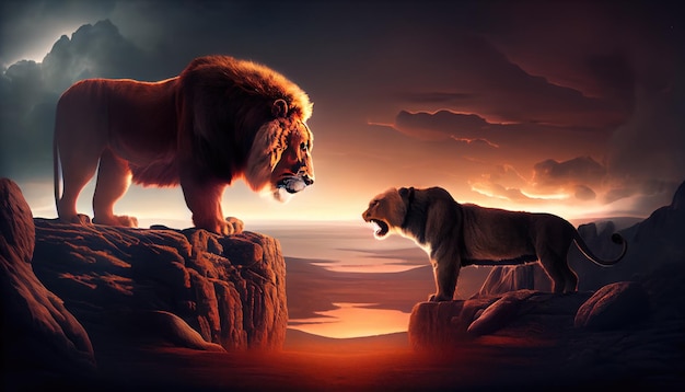 Grote leeuw en leeuwin op de top van de berg Genereer Ai