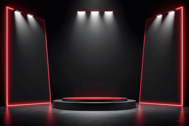 Grote lege donkere kamer zwarte podium rood neon en betonnen vloer met grote lege rood verlichte scherm achtergrond alle elementen geïsoleerd Vector illustratie