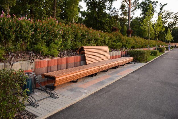 Grote lege houten bruine bank in een zomerpark. Achter haar staan bloemenstruiken