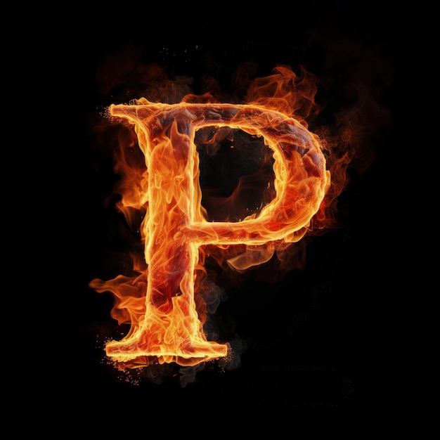 Grote letter P bestaande uit een vlam Brandende letter P Vuurvlammen alfabet op zwarte achtergrond