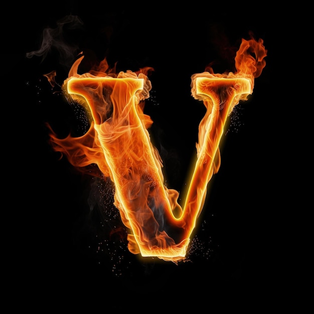 Grote letter V bestaande uit een vlam Brandende letter V V Letter of fire flames alfabet op zwarte achtergrond