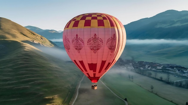 Grote luchtballon over idyllisch landschap met groen gras bedekt ochtendbergen