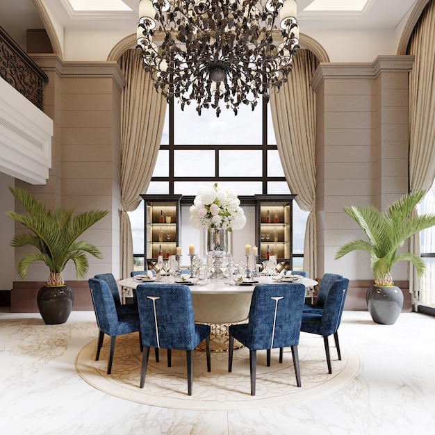 Foto grote luxe eettafel in de grote woonkamer met hoge plafonds in modern klassieke stijl