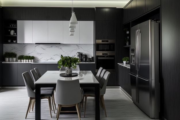 Grote luxe moderne keuken met eettafel in wit en donkergrijs